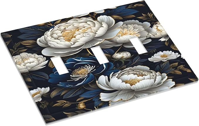 White Gold Blue Flower Light Switch Covers 3 Gang Triple Toggle Wall Plate Decorative Switchplate Electrical Faceplate for Farmhouse Living Decor