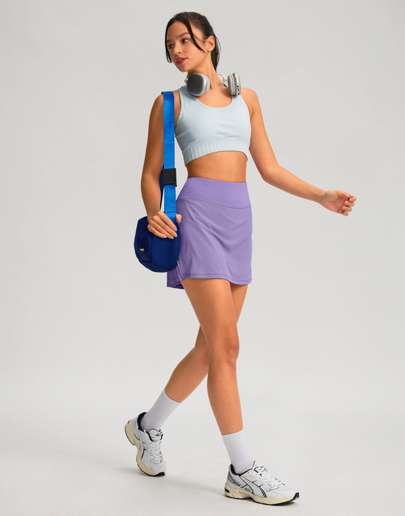 SANTINY 14" Tennis Skirt Skorts for Woman Pleated High Waited Skirts with Built-in Shorts Athletic Golf Skort (Lavander_M)