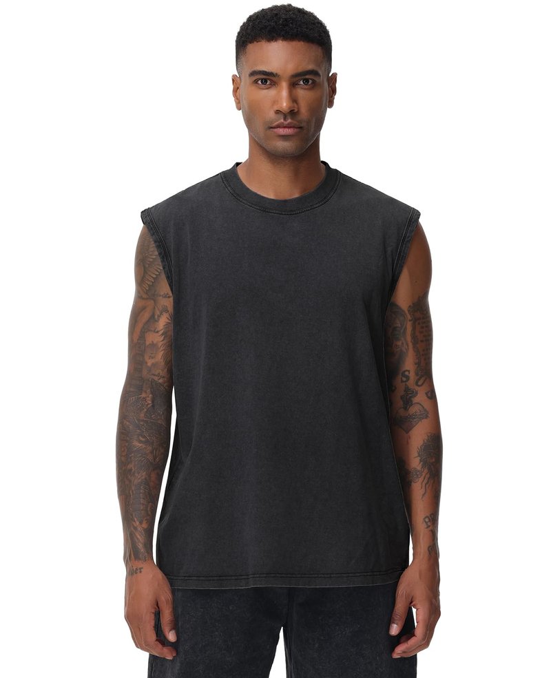SnowElve 4 Pack Mens Workout Tank Tops Sleeveless Tee Shirts Men Muscle Shirt Gym Acid Wash T Shirts Running Beach Loose Fit Tee(BKGYCFBG,2XL)