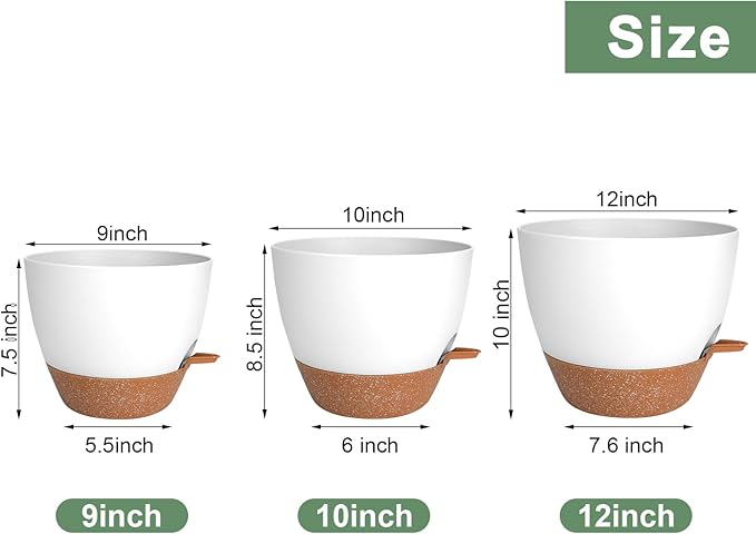 Plant Pots, Self Watering Planters for Indoor Plants with Drainage Hole, Plastic Flower Pot for Succulents, African Violet (White, 12/10/9)