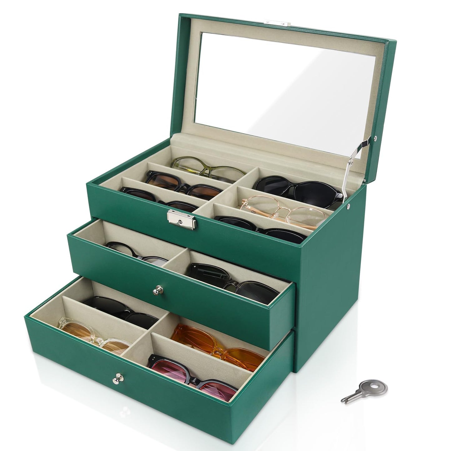 GRTCZYSL Sunglasses Organizer 18 Slots, Multiple Pairs Glasses Storage Case Leather Eyeglasses Display Box for Women Men -3 Layers, Green