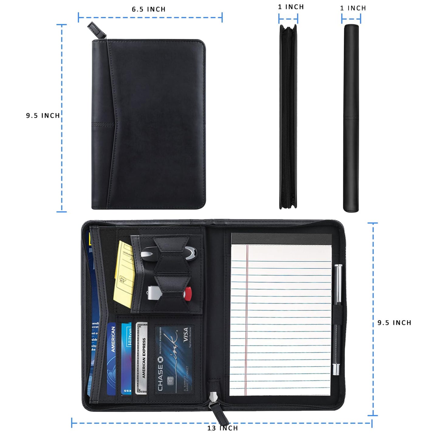Gorbado Small Portfolio Organizer, A5 Zippered Business Portfolio, Junior Padfolio Folder Binder for Women & Men, 5 x 8 Writing Pad Included, Black