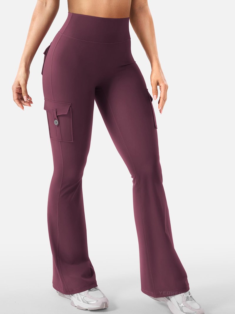 YEOREO CoreFlex Women Workout Flare Leggings with Pockets Hidden Scrunch High Waisted Cargo Gym Yoga Leggings Dark Cherry XS