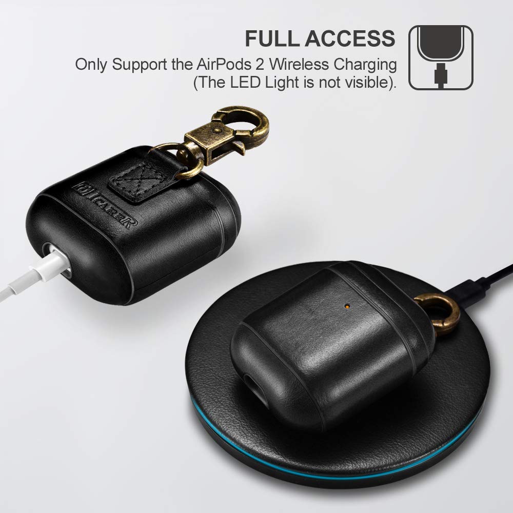 AirPods Leather Case, ICARER Genuine Leather AirPod case with Keychain and Led Light for Apple AirPods 2 Case & Airpods 1, Support Wireless Charging (Black)