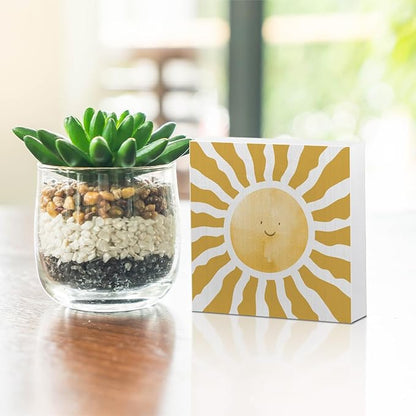 Inspirational Sunshine Wooden Box Sign, Boho Sun Decor, Spring Summer Rustic Farmhouse Home Nursery Playroom Toddler Room Classroom Decor Wood Block Plaque, Desk Table Shelf Decor Decorations