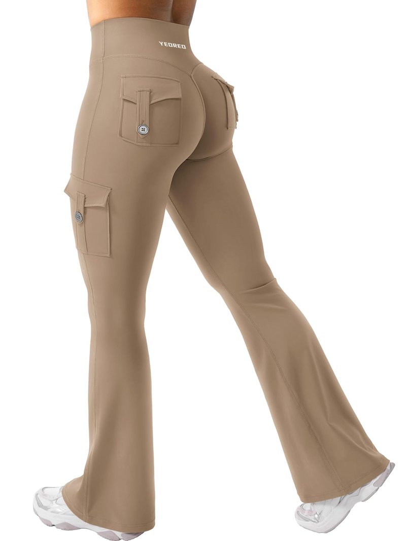 YEOREO CoreFlex Women Workout Flare Leggings with Pockets Hidden Scrunch High Waisted Cargo Gym Yoga Leggings Light Brown XL