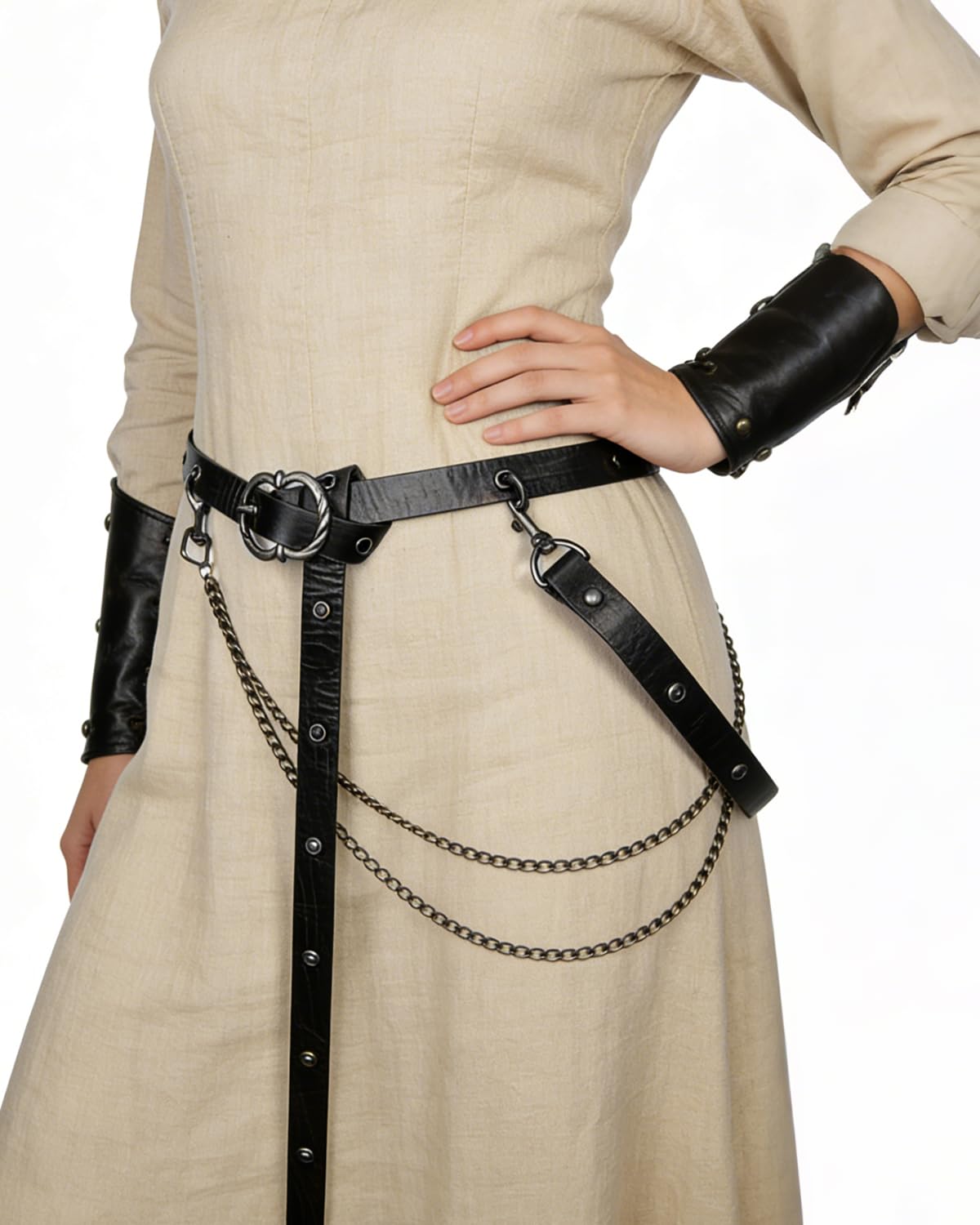 L'VOW Medieval Chain Leather Belt for Women Vintage Thin Belt for Renaissance Dresses Cosplay(StyleB,Black)