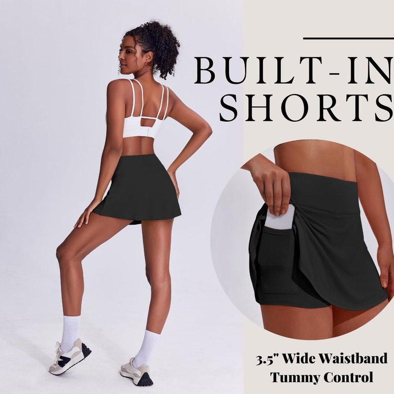 PINSPARK Tennis Skirts Skorts for Women Tummy Control Black Skorts Athletic Skirt Pleated Golf Skirts with Pocket,Black X-Small