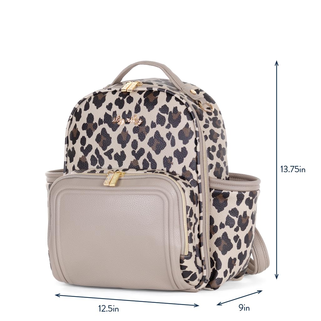 Itzy Ritzy Mini Diaper Bag Backpack – Chic, Compact Mini Plus Backpack with Changing Pad, 10 Pockets (6 Internal, 4 External), Grab-Top Handle & Rubber Feet (Leopard)