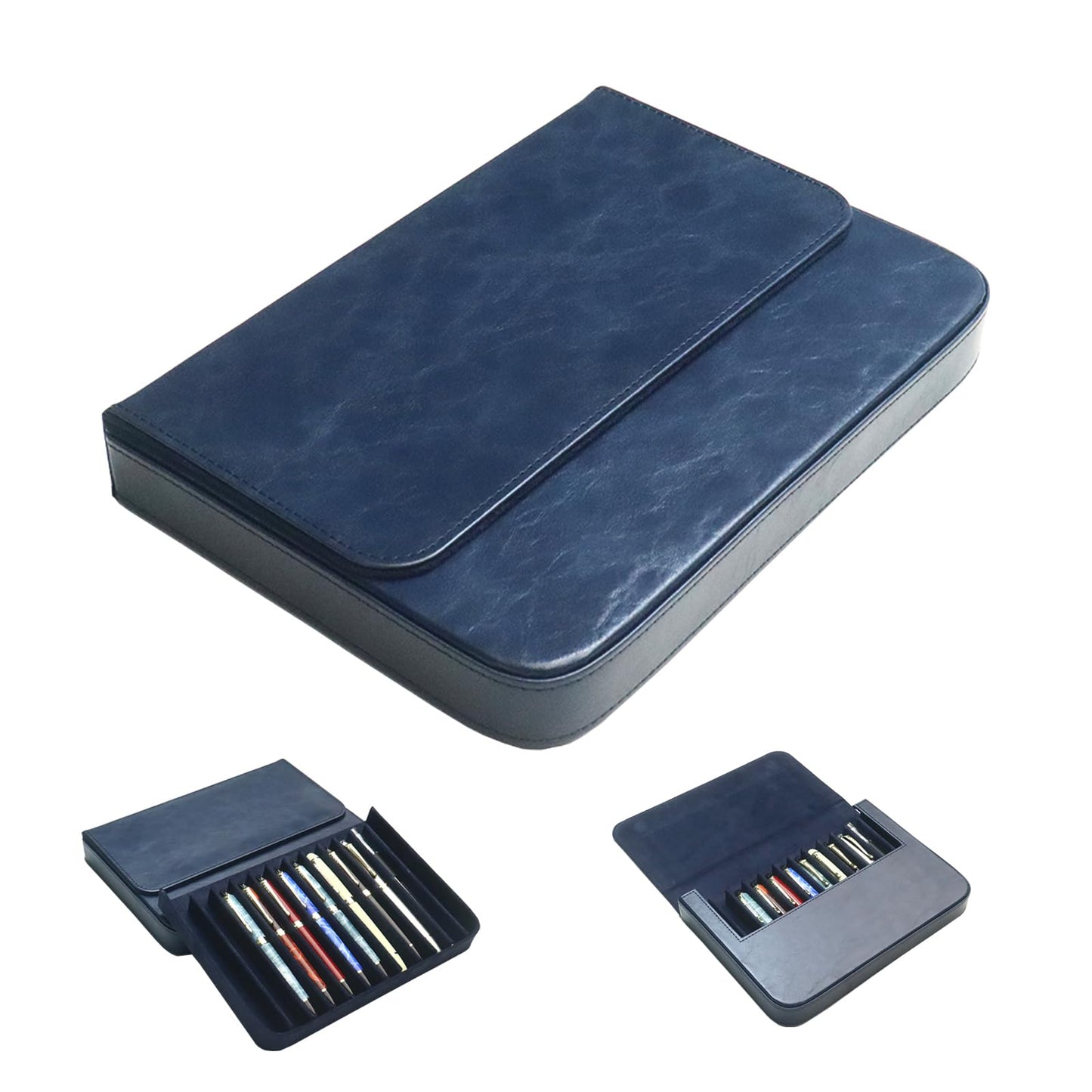 MIVLXLX PU Leather 12 Fountain Pen/Pencil Tray Case Organizer, Fashion Design, Handmade, Magnetic Closure with Drawer, Christmas Gift for Man/Woman/Office, 12 Slots(blue)