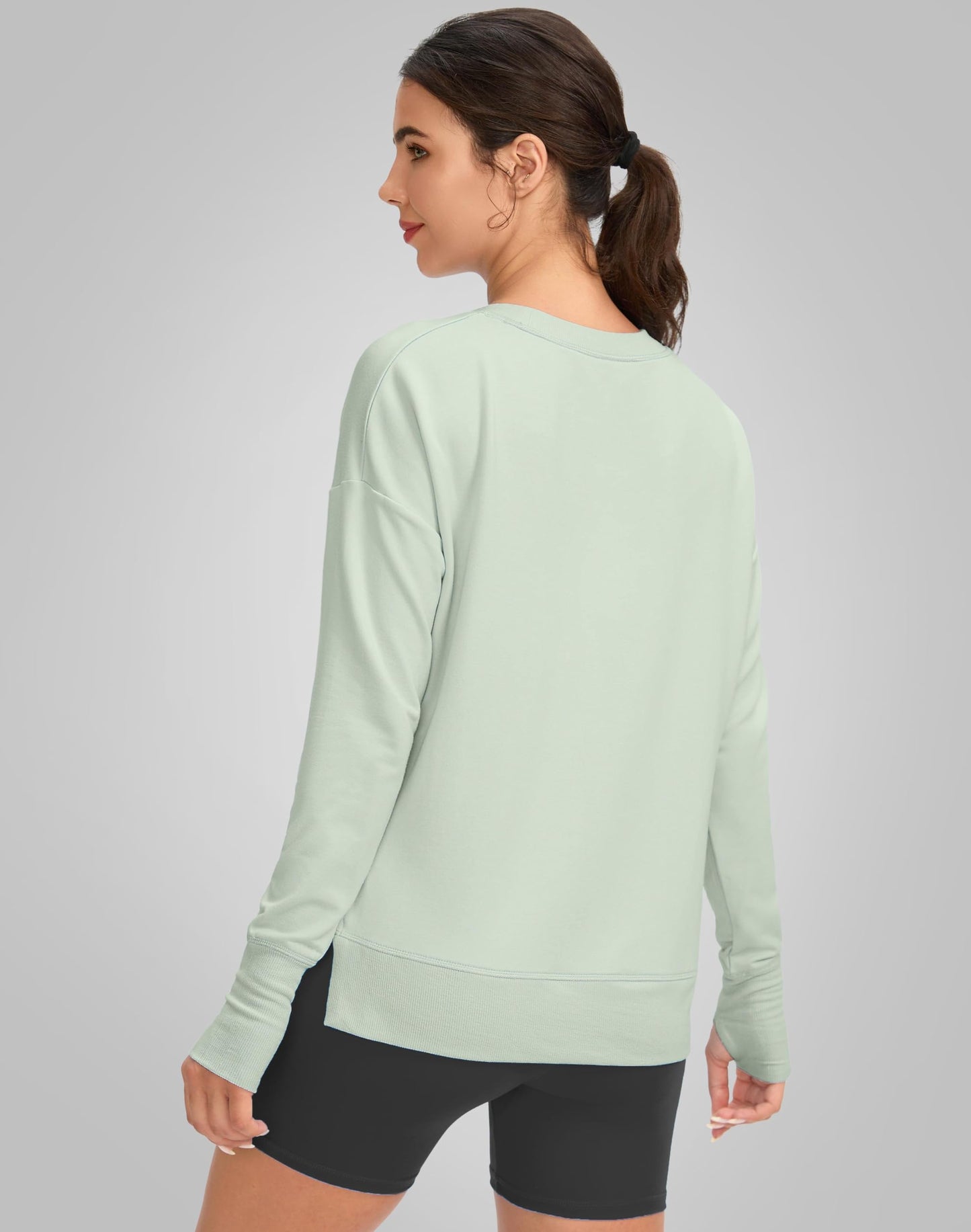 G Gradual Sweatshirt for Women Buttery Soft Yoga Tops Crewneck Modal Pullover Shirts Side Slit Thumb Holes (Light Green, X-Large)