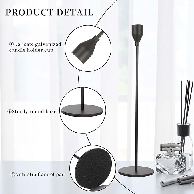 Matte Black Candlestick Holder for Taper Candles, Decorative Candle Holders Bulk Candle Stick Holders, Fits 3/4 inch Candles, Metal Taper Candle Holders for Pillar Candle, Home Decor (Set of 12)