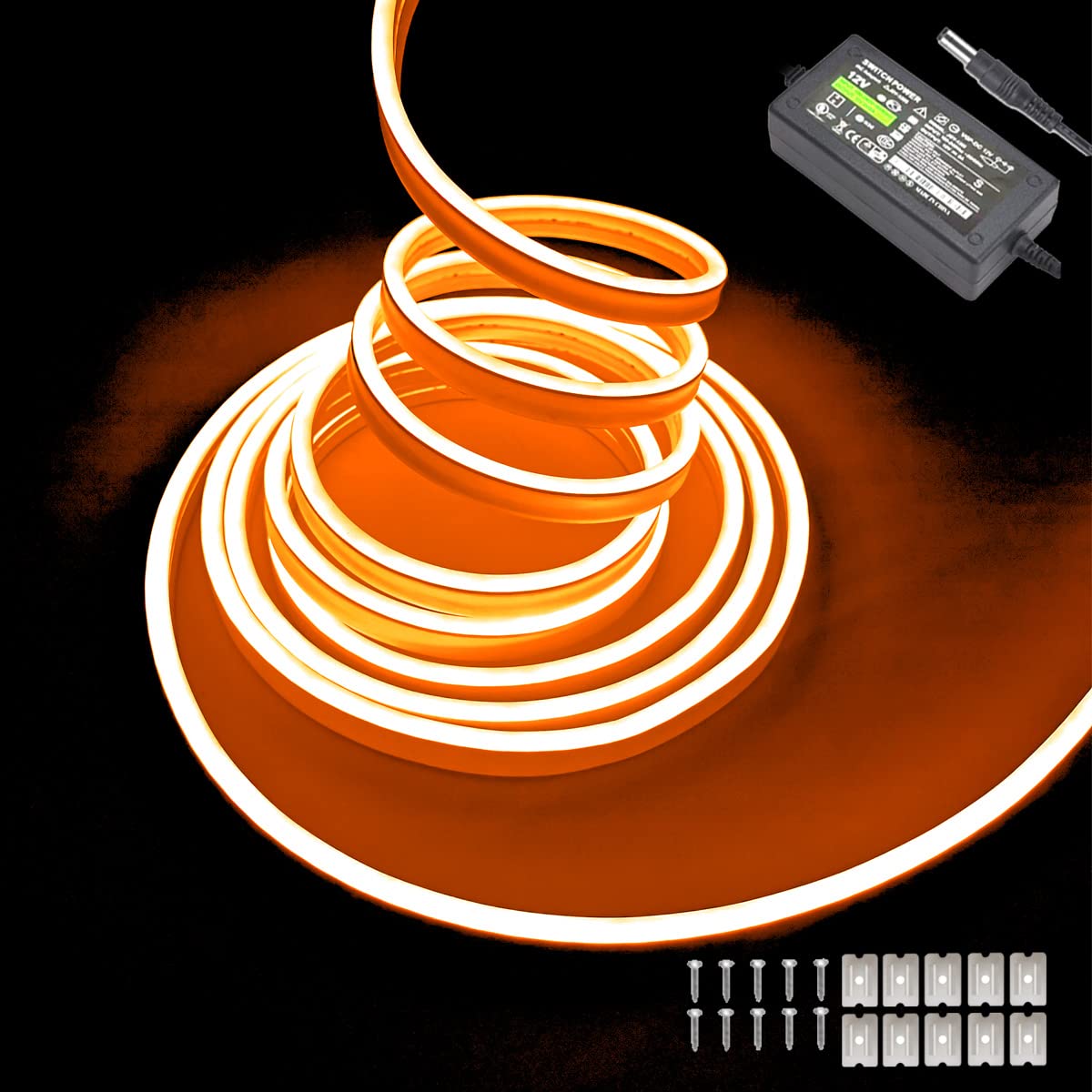 Maxlaxer Orange Neon LED Strip Lights, 16.4ft 12V Waterproof Flexible Light for Indoor/Outdoor Decoration (Includes Power Adapter)