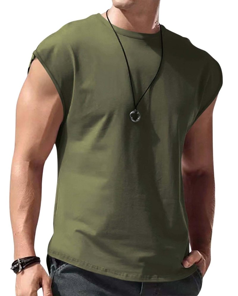 Grafumo Mens Workout Gym Tank Top Crew Neck Cap Sleeve Muscle Shirts Solid Trendy Casual Running Beach Loose Fit Tees Army Green