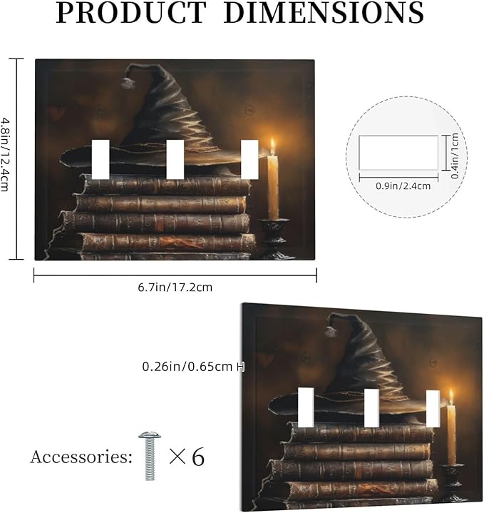 Decorative Art Light Switch Covers Wizard’s Hat & Spellbooks 3 Gang Triple Toggle Wall Plate Decorative Switch plate Electrical Faceplate for Home Decor