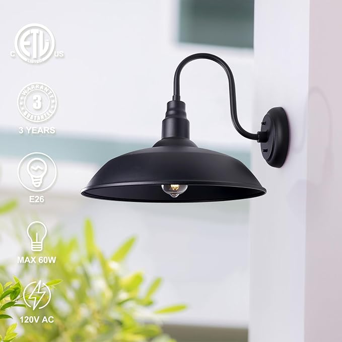 16 Inch Gooseneck Light Fixture for Barn Door, 2 Pack Large Barn Lights for Front Porch, Black Outdoor Farmhouse Light with Goose Neck Arm, Exterior Wall Dome Lighting for House Garage