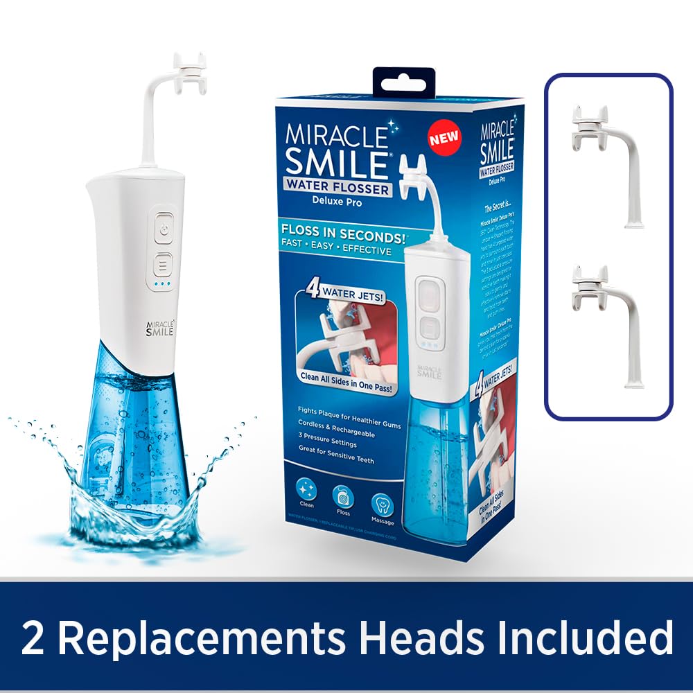 Ontel Miracle Smile Water Flosser for Teeth&Gum Health, Unique H-Shaped Flossing Head&4 Water Jets, Cordless Water Flosser Features 360° Cleaning&3 Pressure Modes, USB Rechargeable Dental Floss, White