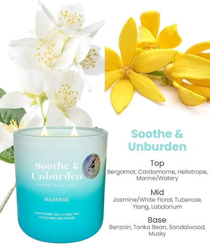 M&SENSE Jasmine & YlangYlang Scented Candle for Home, 14.1oz 80 Hours Non Toxic Natural Soy Wax Long Lasting Aromatherapy Relaxing Candles for Yoga Spa Meditation