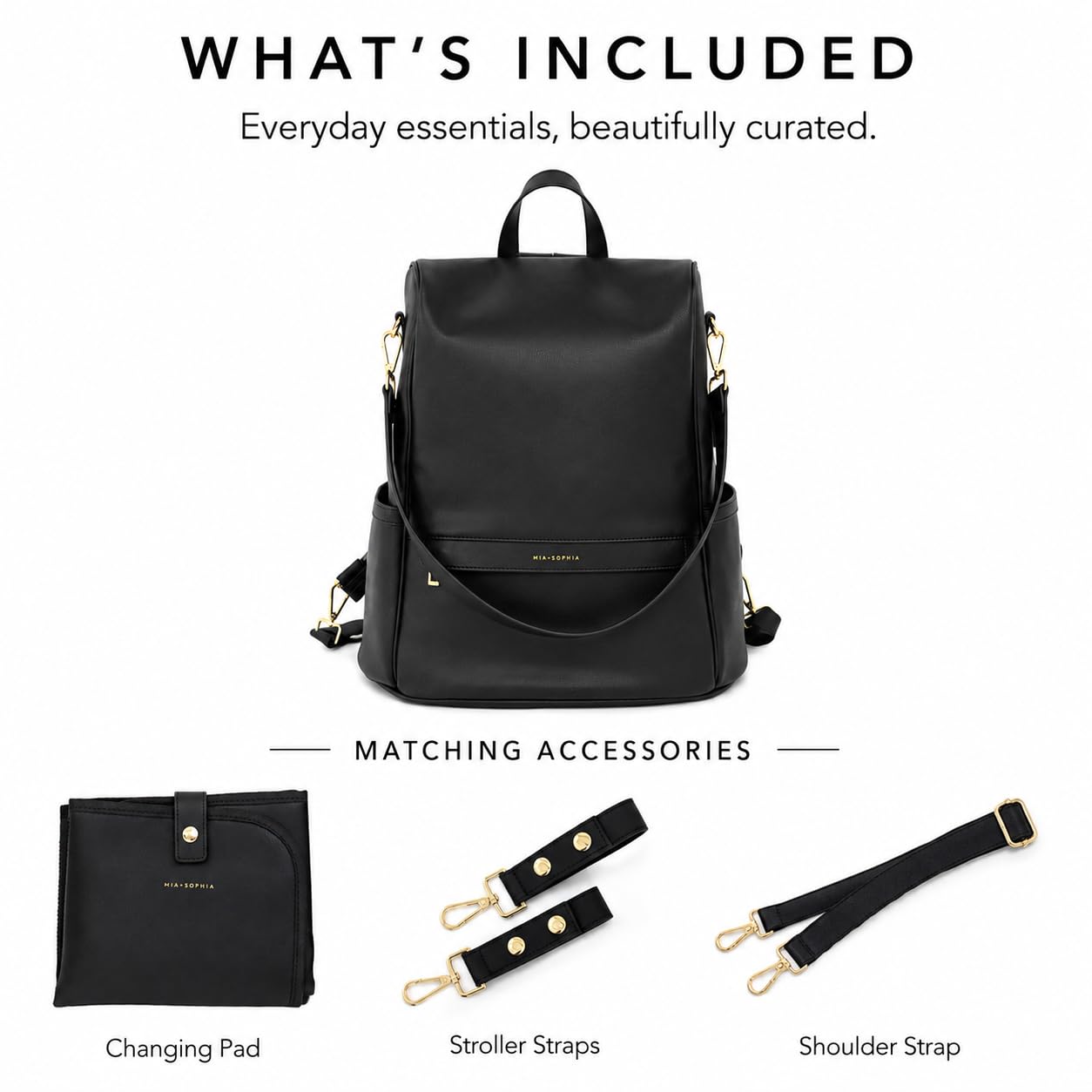 MIA + SOPHIA Leather Diaper Bag Backpack with USB Charging port, Changing Pad, Stroller Straps (Black Mia)