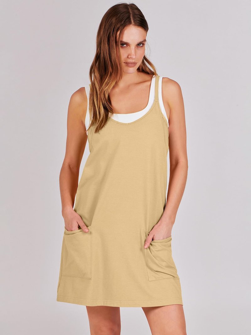 ANRABESS Women Athletic Dress Summer Tennis Workout Active Sports Mini Romper Dress Built in Shorts Travel Vacation Clothes Light Yellow Large