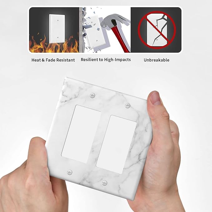 White Marble Pattern Wall Plate Decorative Double Rocker Outlet Light Switch Cover 2-Gang Decorator Art Print Faceplate for Bedroom Kitchen Kids Room Decor 4.6" X 4.5"