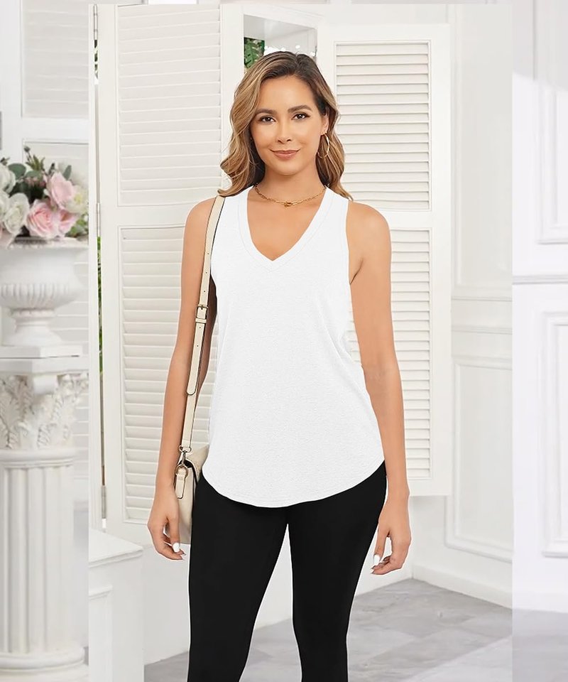 Smile Fish Women Summer Deep V Neck Tank Top Loose Fit Flowy Sleeveless Shirt Cotton White,M