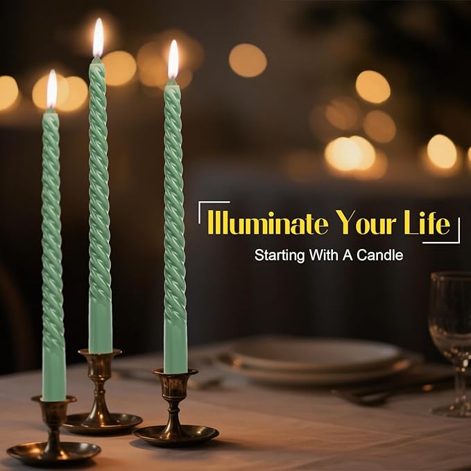 Tobeape Sage Green Twisted Taper Candles Set of 12, 10 Inch Tall Unscented Dripless, Smokeless Spiral Christmas Tapered Candlestick for Wedding Home Décor Dinner St. Patrick's Day- 8 Hour Long Burning