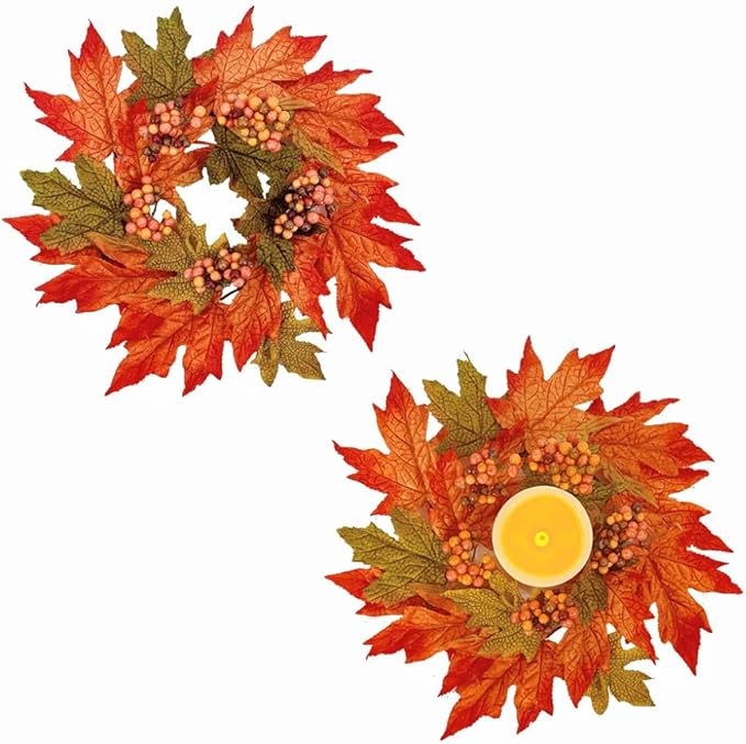 2Pcs Thanksgiving Candle Wreath, 10 Inch Fall Maple Leaf witn Artificial Berries for Cabinets Farmhouse Festive Candlesticks Centerpieces for Thanksgiving, Wedding Party, Dinner Table Decor