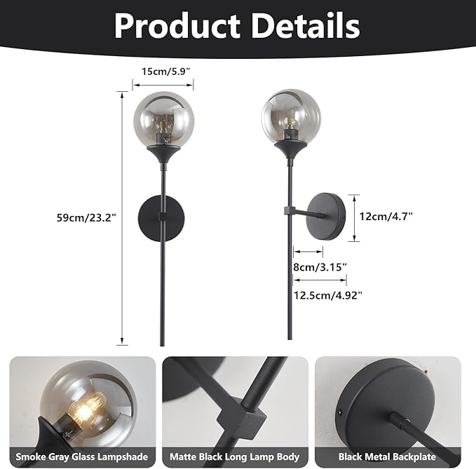 KCO Lighting 1-Light Matte Black Mid Century Wall Sconce Set of Two Modern Bathroom Vanity Globe Wall Light Set of 2 Vintage Smoke Gray Glass Wall Bedroom Wall Lamp