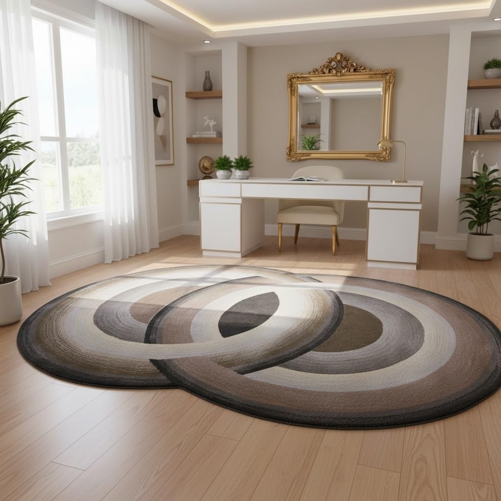 Gray Brown Concentric Circle Abstract Shape Irregular Rug for Living Room Bedroom Guestroom Washable Low Pile Shag Carpet Unique Designer Home Office Dorm Kitchen Hallway Anti Slip Runner Mat 2x3