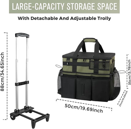 Rolling Cleaning Caddy Bag with Detachable Trolley, Large Cleaning Supplies Organizer with Wheels, Multi-Pocket Cleaning Cart with Adjustable Shoulder Strap for Housekeepers & Home Use, Armygreen