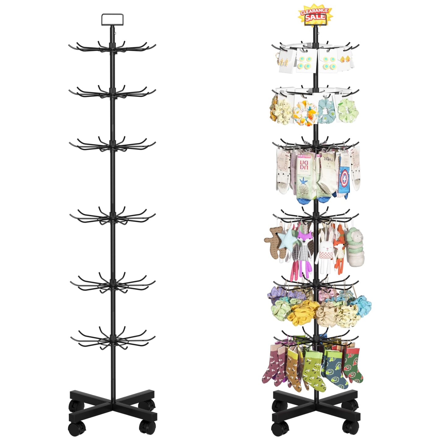 Exttlliy Retail Display Stand Store Display Rack 6 Tier Metal Spinning Display Stand Rack with Wheels Keychain Jewelry Stocking Hat Stand with Hooks for Malls, Showroom, Retail Store (6 Tier Black)