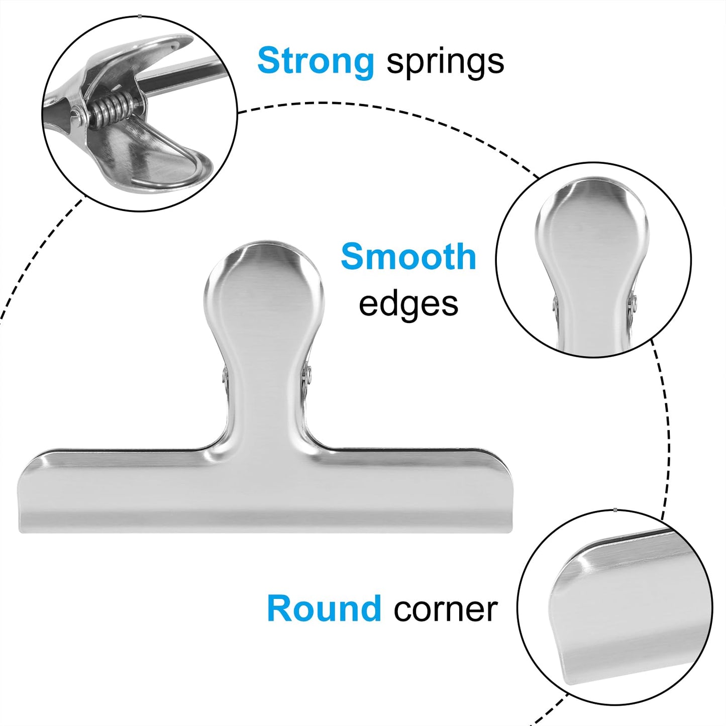 Komstuon 6 Pack Silver Chip Clips, 4.7 inch Stainless Steel Paper Clamps, Round Smooth Edge Bulldog Clips for Food Bags, Drawing, Home, Kitchen and Office