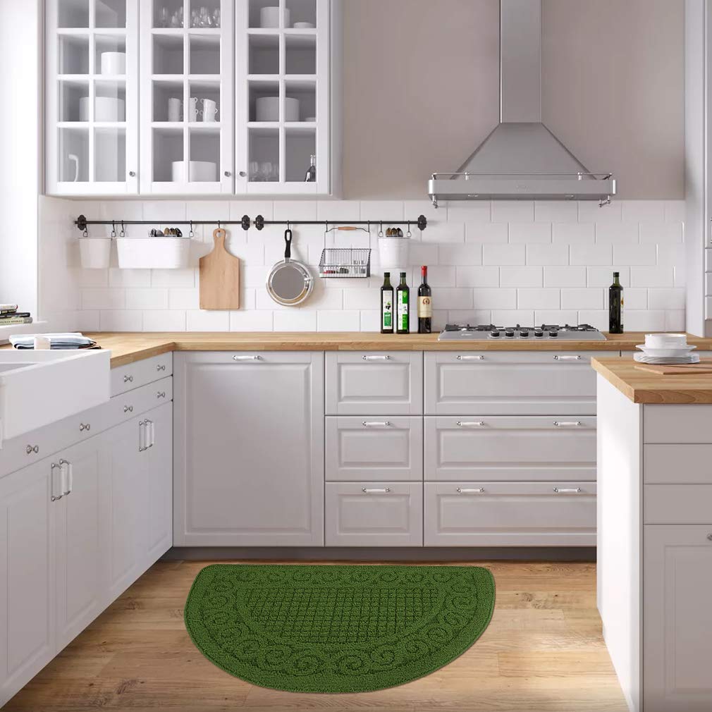 VANZAVANZU Kitchen Rugs, 31"x19" Kitchen Mats, Half Moon Round Kitchen Rugs Carpet, Specialized in Ultra Anti Skid Absorbent and Machine Washable for Kitchen Doorway Floors Accessories (Dark Green)