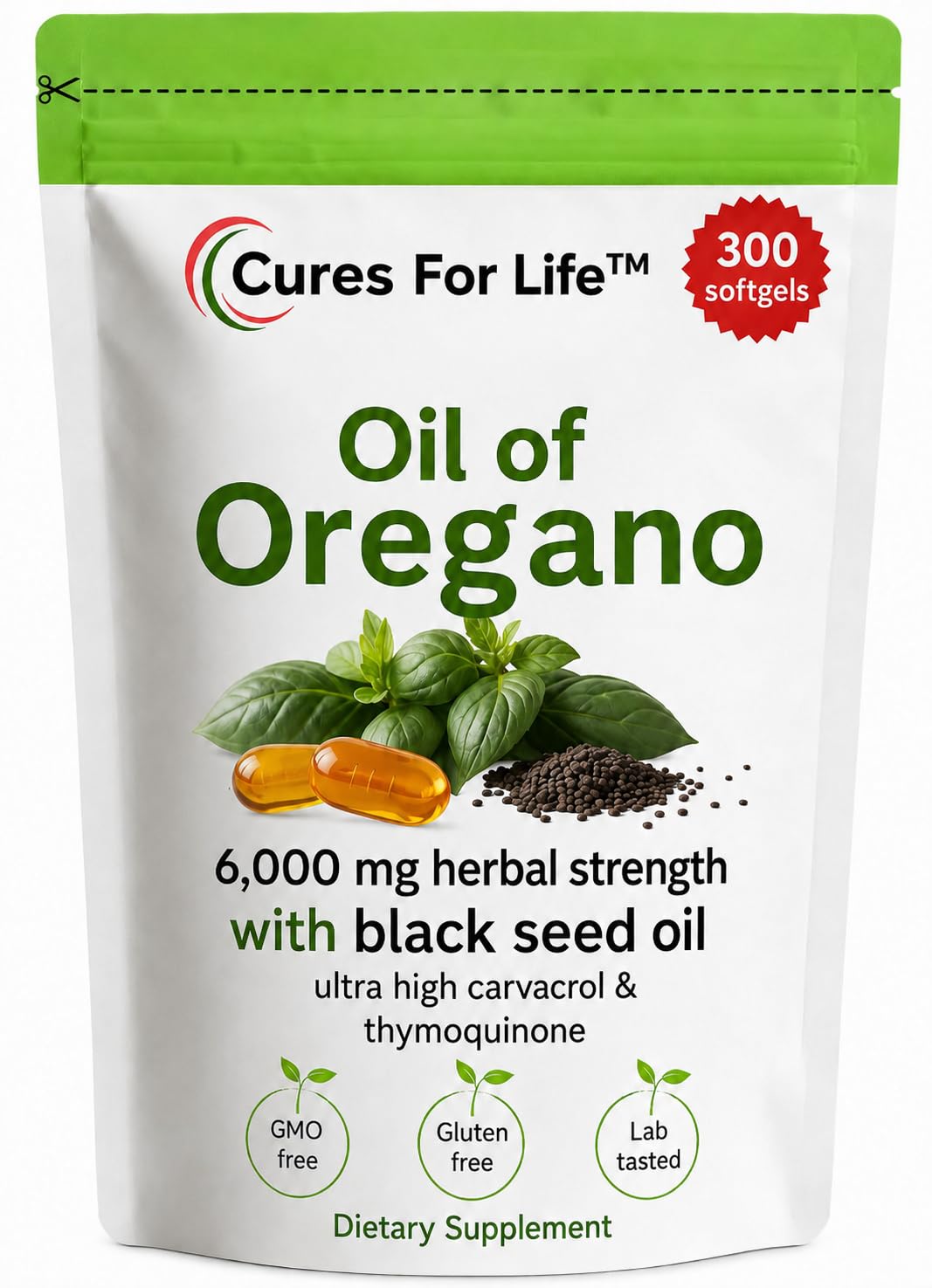 Cures For Life Oil of Oregano Softgels – 6000mg High Potency with 165mg Carvacrol & 200mg Black Seed Oil – 2-in-1 Immune Support & Digestive Health – 300 Softgels – Oregano Oil Capsules Supplement