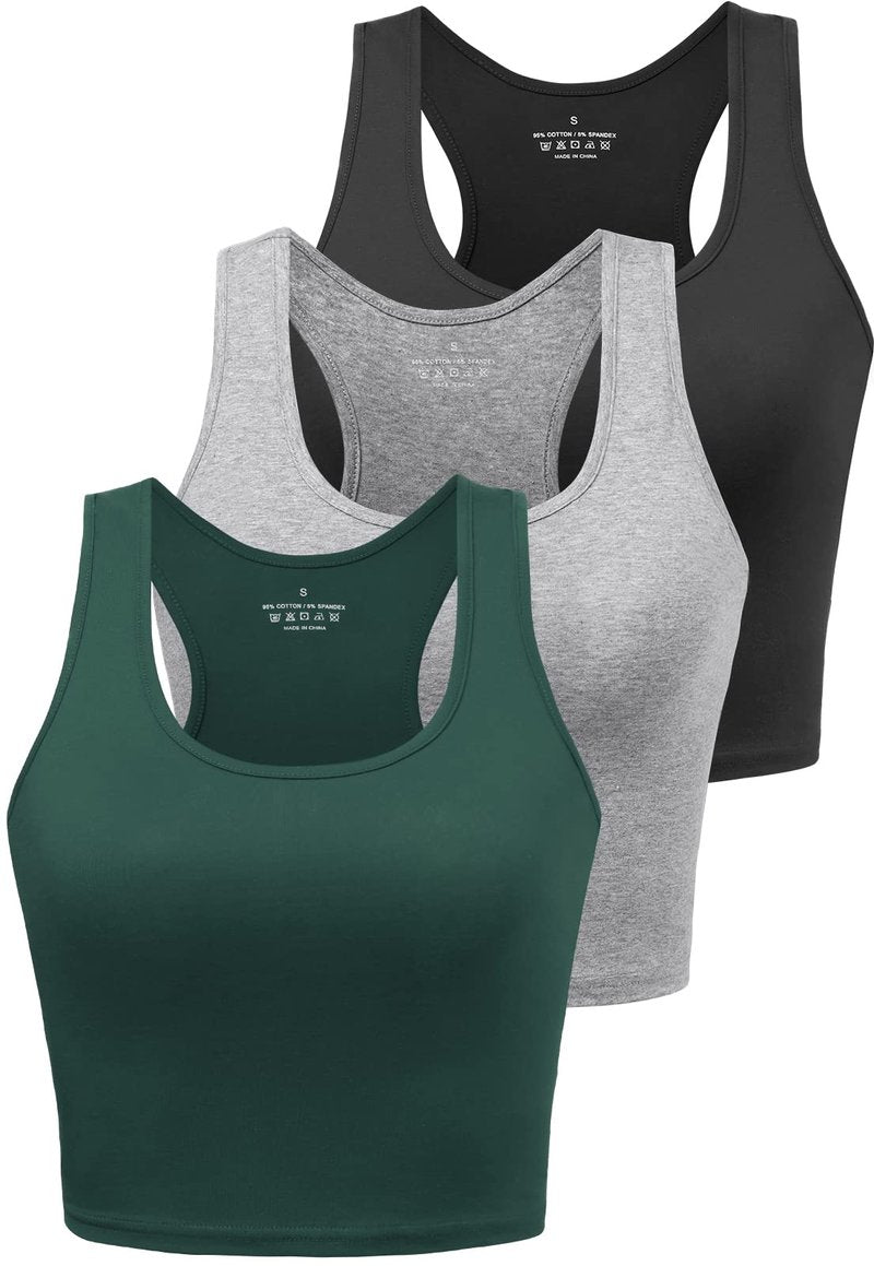 Workout Crop Tops for Women Tank Top Cropped Athletic Shirt Racerback Tanks Sleeveless Undershirt Fitted Summer Tops Gym Exercise Clothes Work Out Running Activewear 3 Pack Black/Grey/Emerald Green M