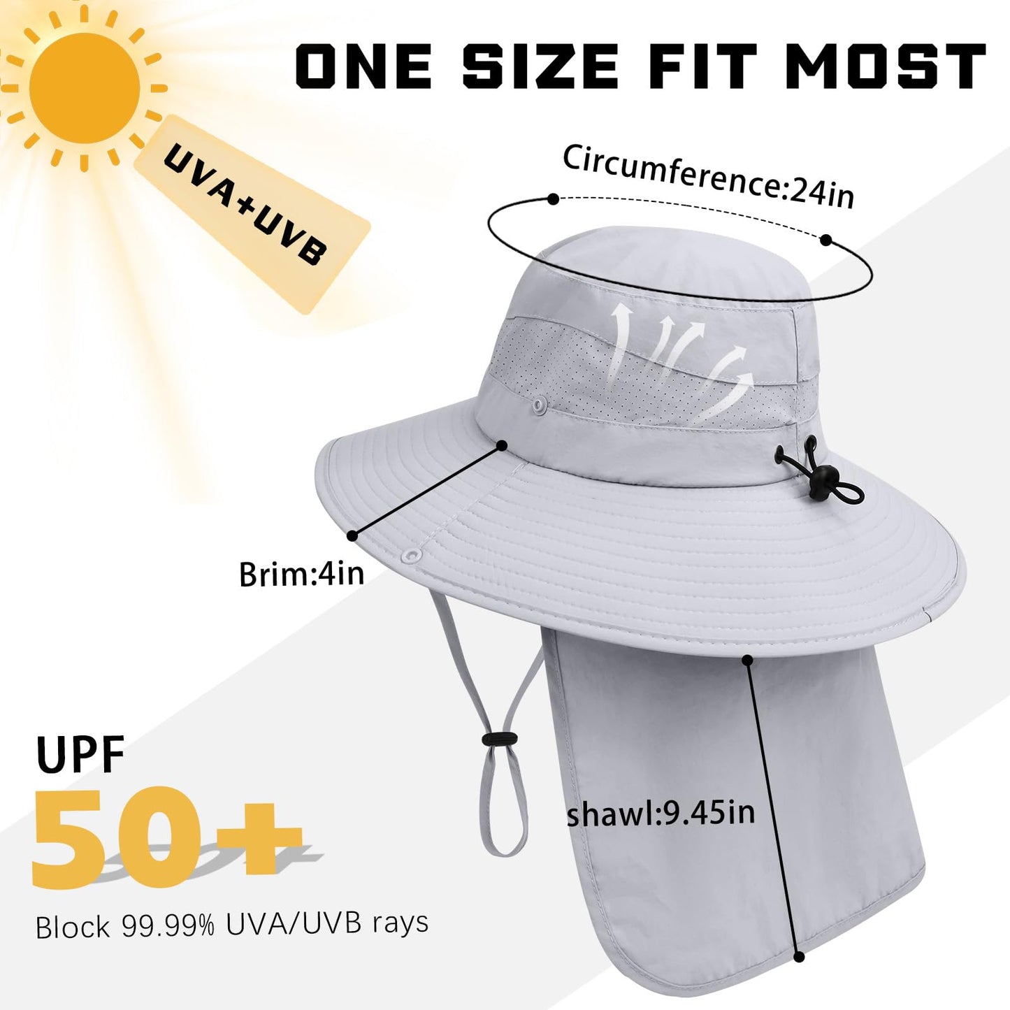 Sun Hats for Men Women, UPF50+ Protection Safari Hat,Wide Brim Fishing Hat with Neck Flap,Bucket Hats for Beach Hiking Lightgrey