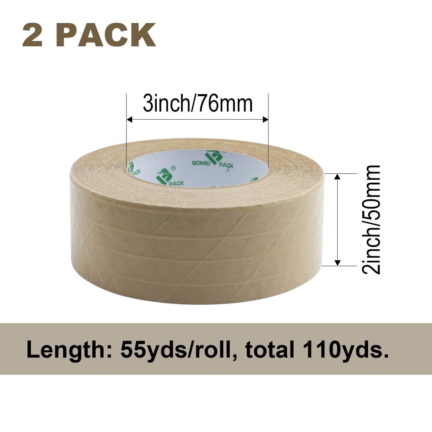 BOMEI PACK 2Pack Reinforced Kraft Paper Tape, Self Adhesive Paper Gummed Packing Tape, for Heavy Duty Packing, Shipping, Moving and Storage, 2Inch55yds