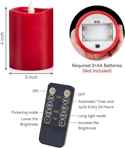 3x4 inch Red Flameless Candles: Realistic Flameless LED, Battery-Powered Pillar Candles with Remote & Timer, Fake Candles for Fall Decor, (Red, 3"*4"-1pcs)