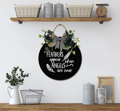 Angels Appear Front Door Sign Funny Wreaths Hanging Wooden Plaque Decoration Round Rustic Wood Farmhouse Porch Decor for Home Front Door Decor, 12 x 12 Inch