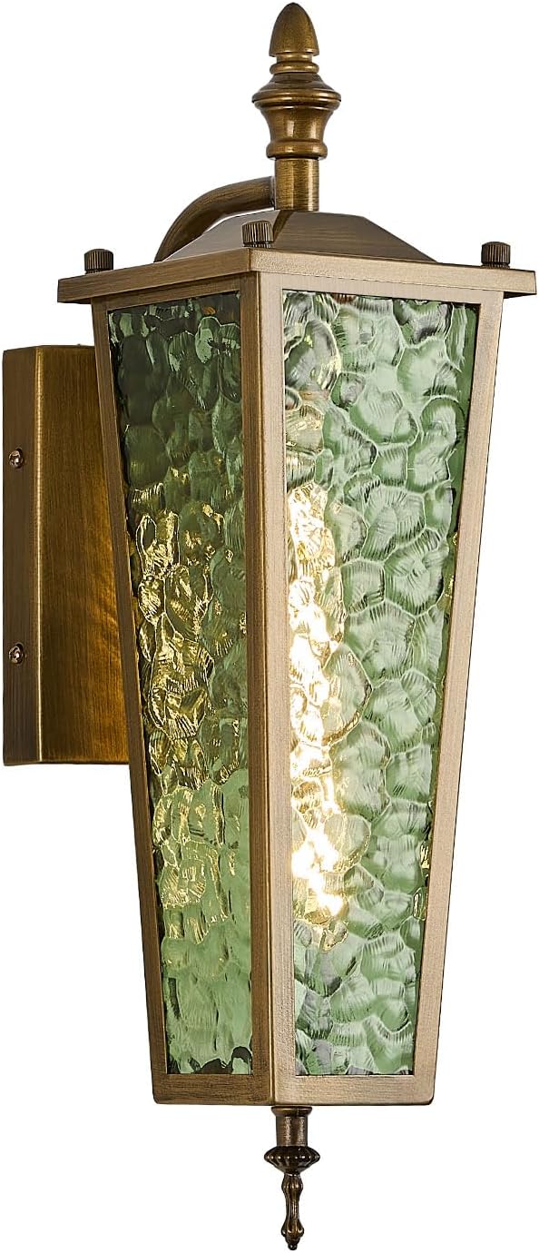 Outdoor Wall Light,Vintage Gold E26 Base 16.7in - Exterior Waterproof Lantern Metal with Green Glass,Farmhouse Porch Sconce Wall Mount Lighting,for Garage,Patio,Front Door,Entryway