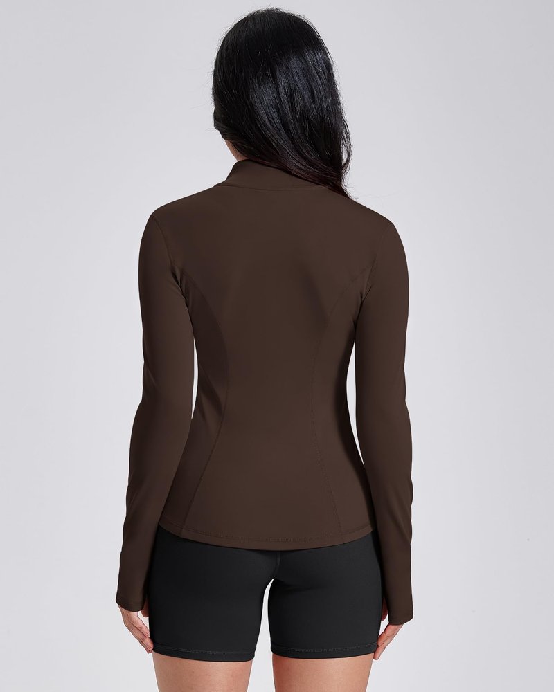 AVGO Womens Workout Jackets Lightweight Athletic Zip Up Jacket Slim Fit Running Gym Top with Pockets & Thumb Holes(Roasted Brown, S)