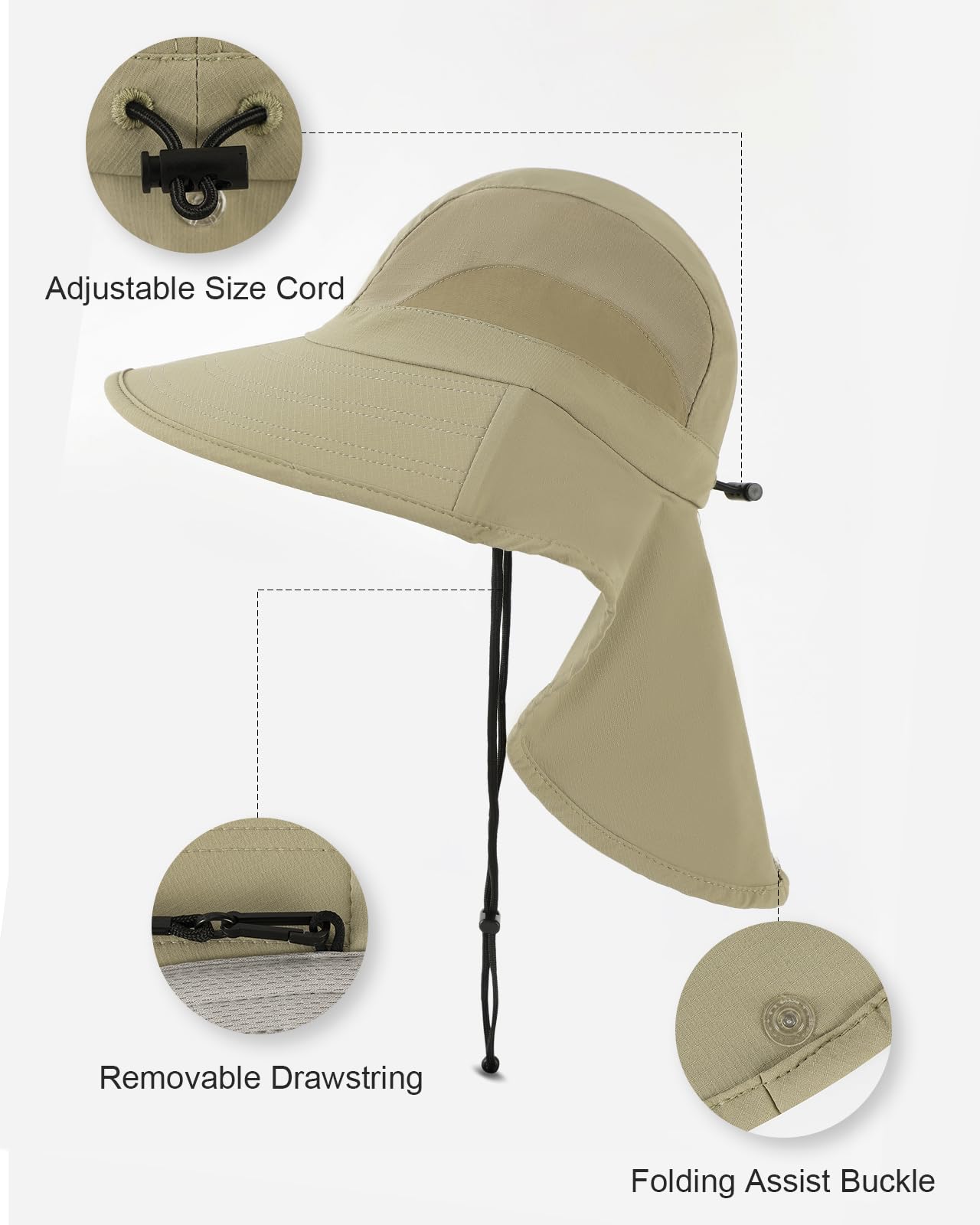 HEARTSING Sun Hat Outdoor with Large-Area Neck Flap, UV Protection Quick-Dry Breathable Fishing Hat for Hiking Garden Khaki