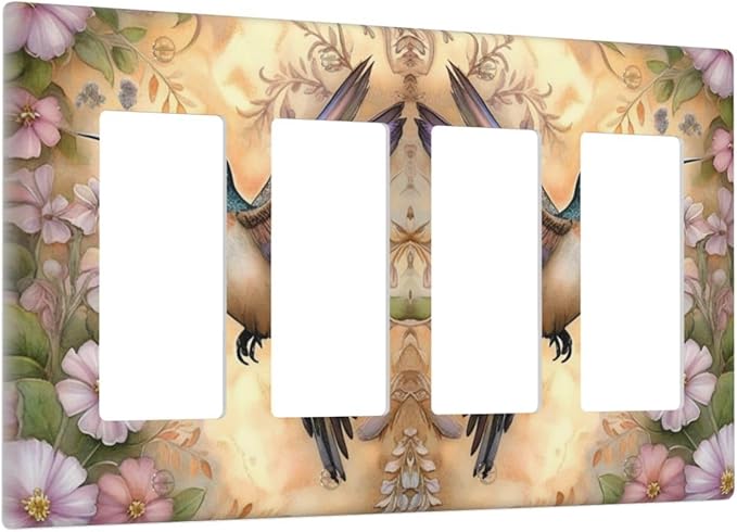 Decorative Art Light Switch Covers Blossom & Hummingbird 4 Gang Rocker Decora Outlet Covers Electrical Faceplate GFCI Wall Plate for Home Decor