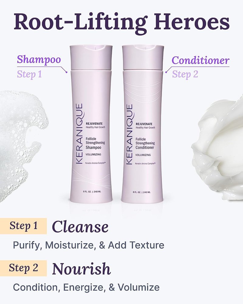 Keranique Volumizing Shampoo & Conditioner Set for Hair Repair, Growth & Thinning Hair Support – Keratin, Biotin, Menthol & Niacinamide, Lightweight Strengthening Formula - Keratin Amino Complex™