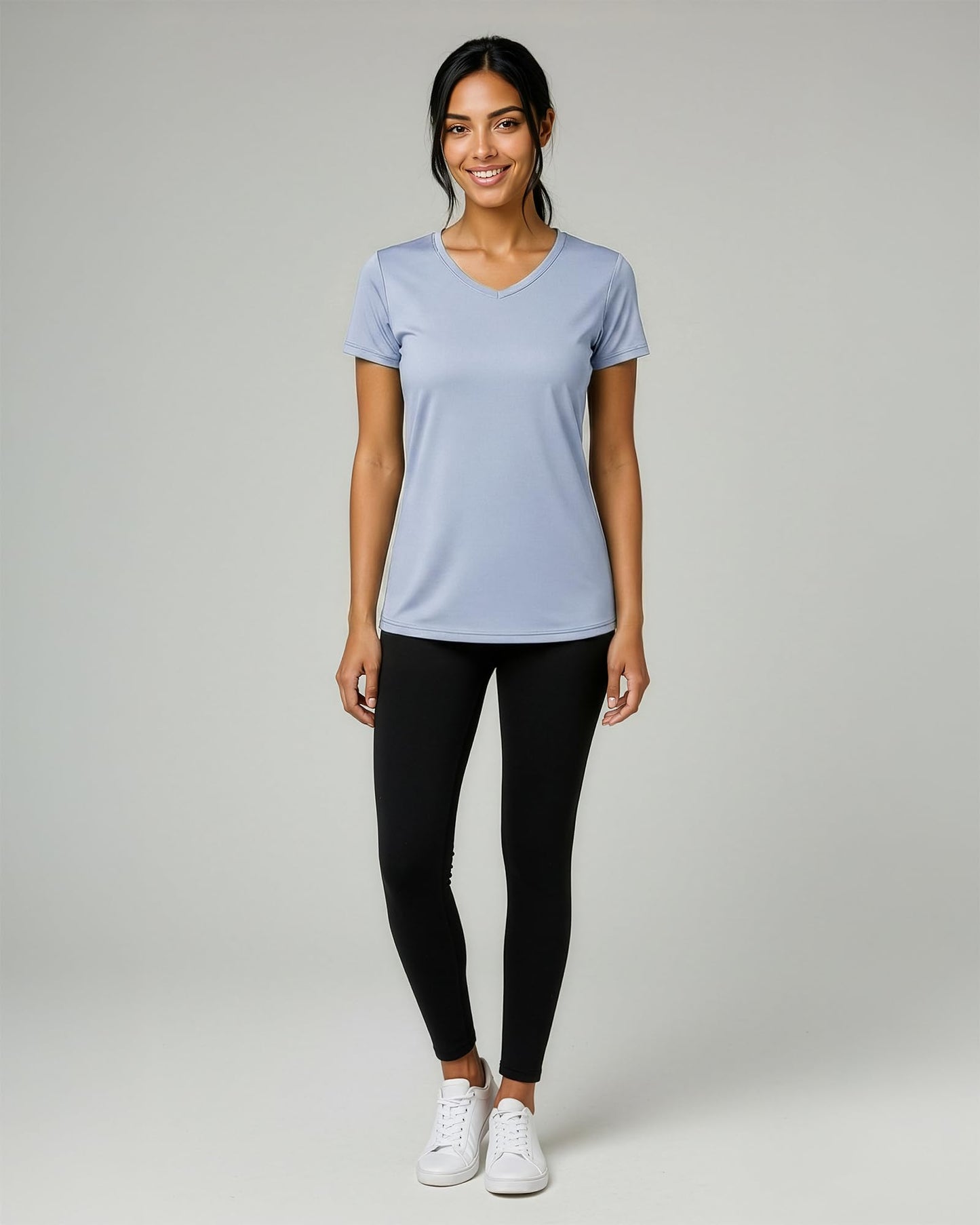 Real Essentials 5 Pack: Women's Dry-Fit Short Sleeve V Neck T Shirt Workout Fitness Yoga Top Tee, Set 16, L