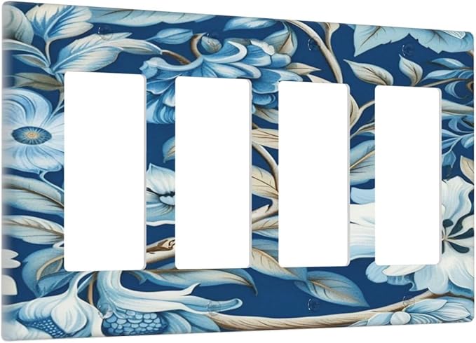 Blue Flowers Branches Leaves Floral Pattern Light Switch Cover 4 Gang Rocker Decora Outlet Covers Wall Plate Decorative Switchplate Electrical Faceplate GFCI for Farmhouse Living Bedroom Decor