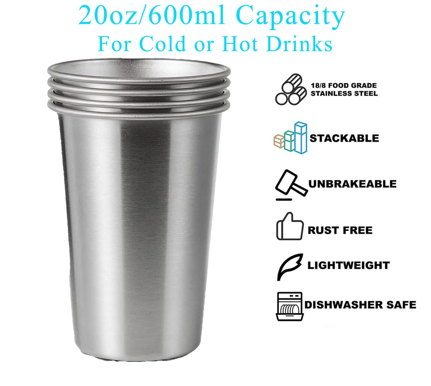 8 Pack 20oz Pint Cups with 4 Cup Sleeves, Stainless Steel Cups, Stackable Metal Cup Tumbler, Premium Metal Drinking Glasses for Cold Drinks, Chilling Beer Glasses for Party Camping (8 PCS, Silver)