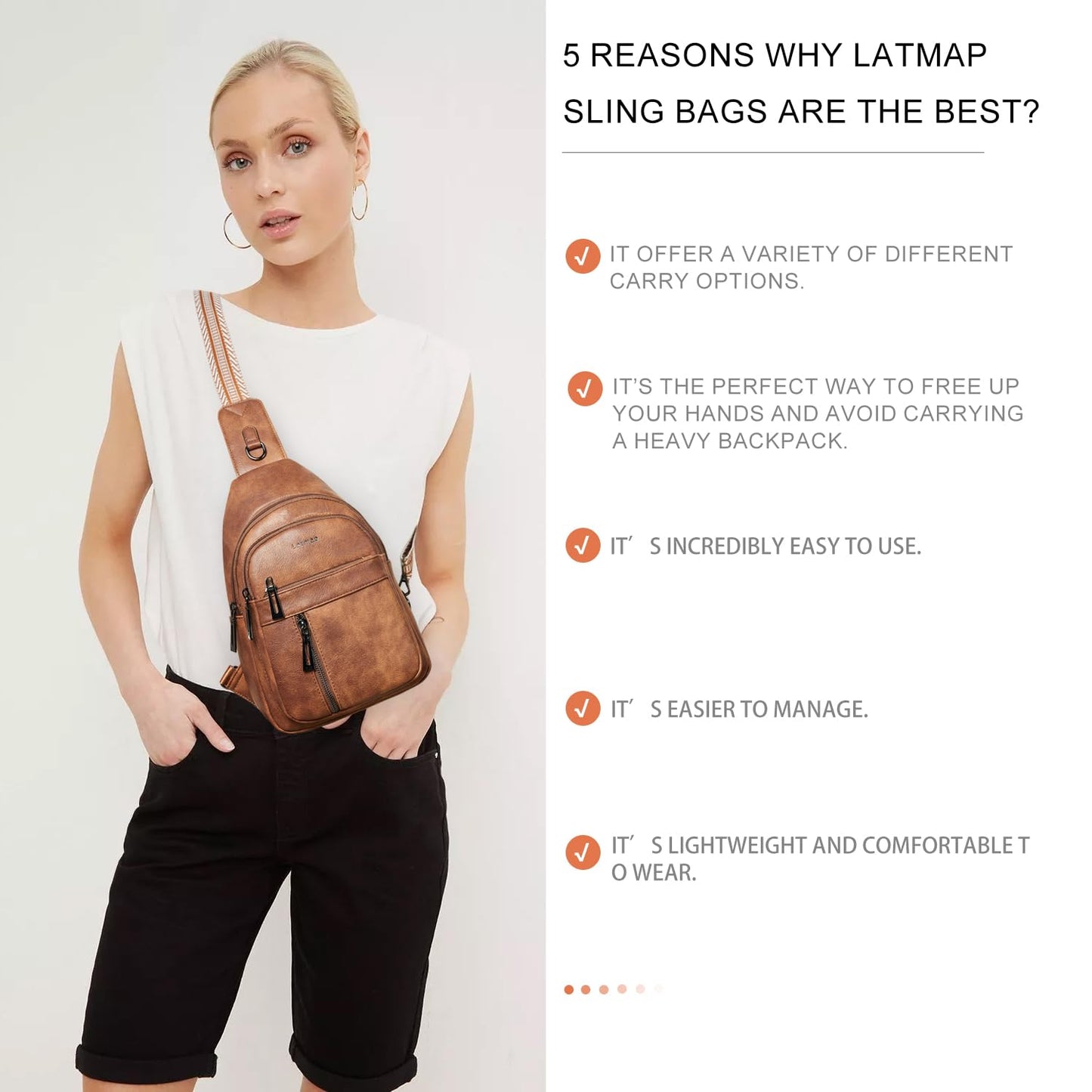 LATMAP 7L Sling Bag For Women Men Backpack Fanny Pack Crossbody Chest Travel Shoulder Belt Bags Purse Handbag PU Leather Brown