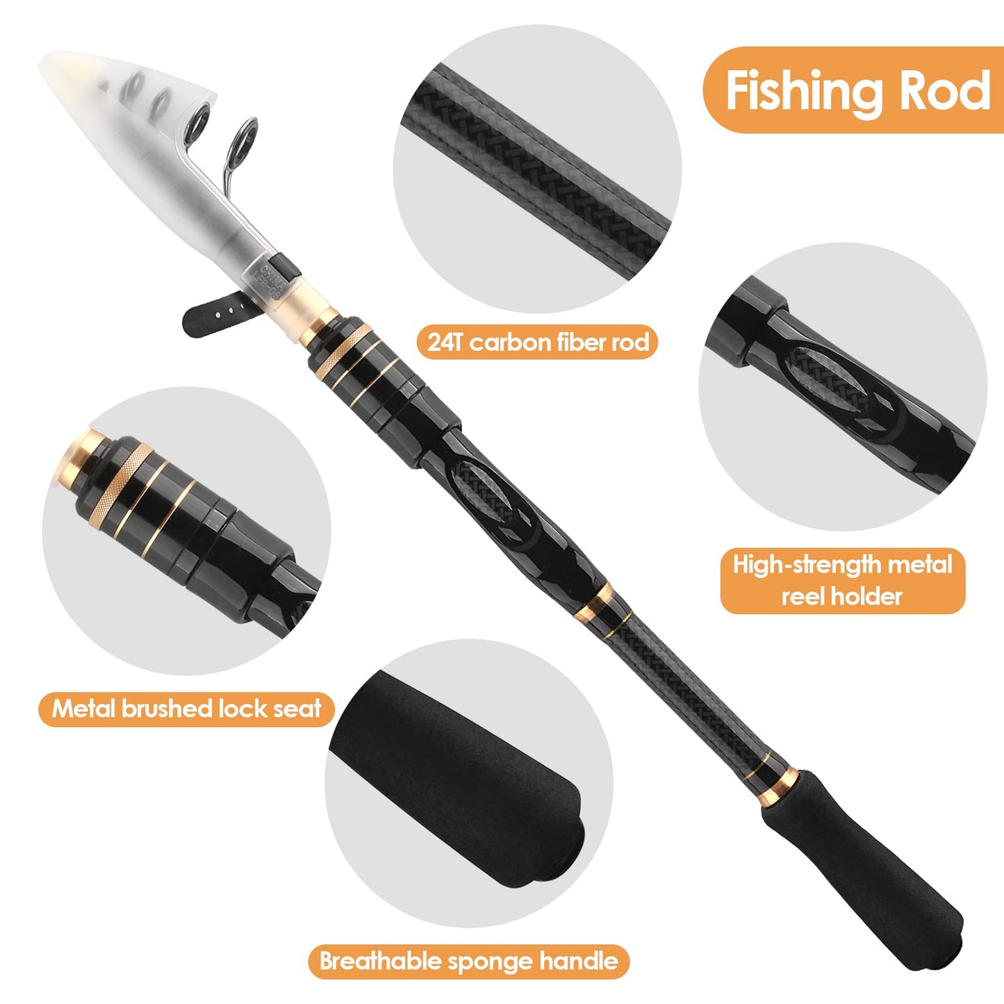 Carbon Fiber Telescopic Fishing Rod Reel Combo for Freshwater Saltwater Lightweight Collapsible Spinning Pole Reel Kit Fishing Gear Set with Compact Travel Tackle Bag Lure Hook Fishermen Gift